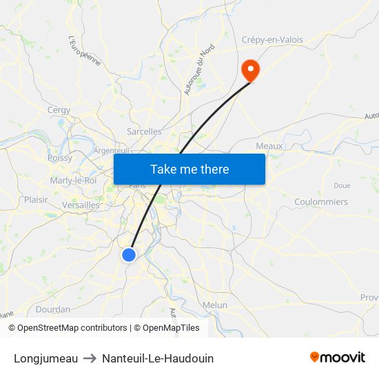 Longjumeau to Nanteuil-Le-Haudouin map