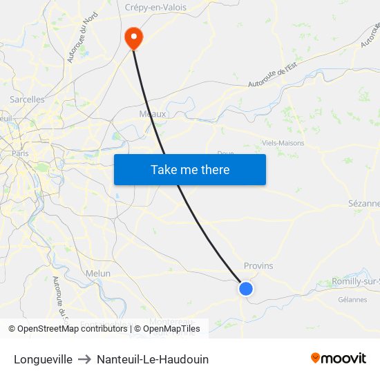 Longueville to Nanteuil-Le-Haudouin map