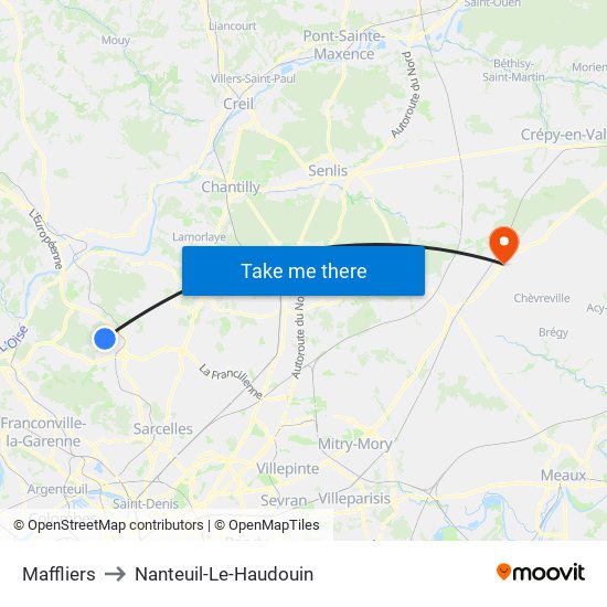 Maffliers to Nanteuil-Le-Haudouin map