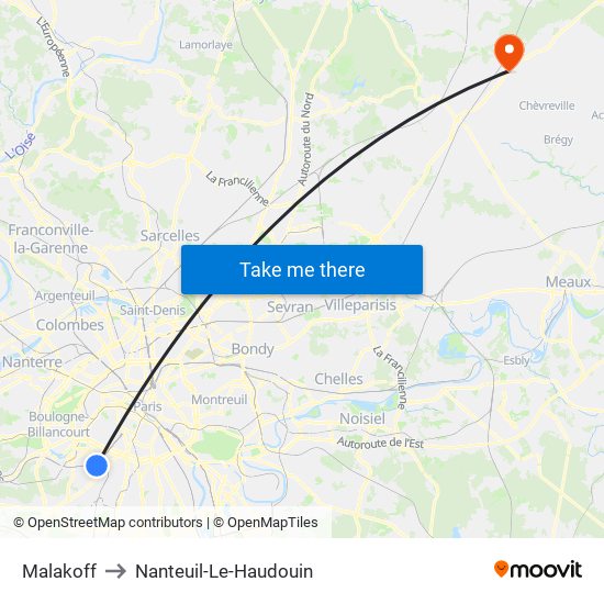 Malakoff to Nanteuil-Le-Haudouin map