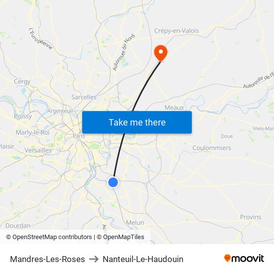 Mandres-Les-Roses to Nanteuil-Le-Haudouin map