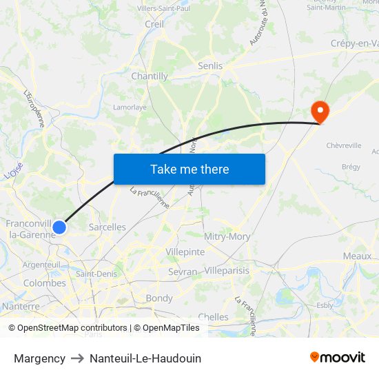 Margency to Nanteuil-Le-Haudouin map