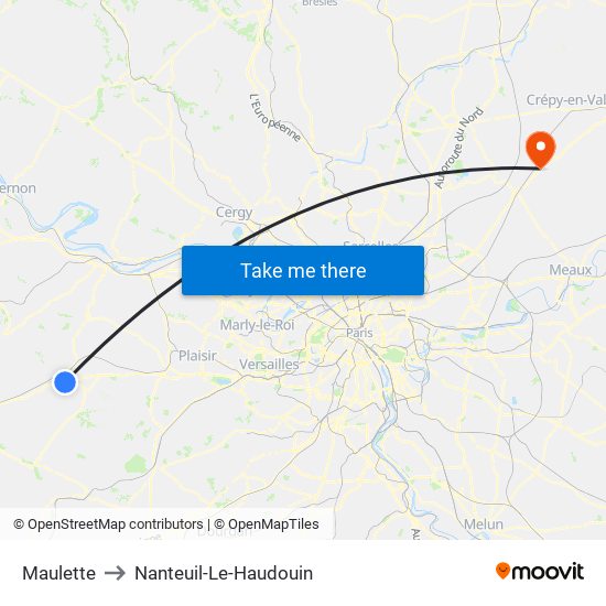 Maulette to Nanteuil-Le-Haudouin map