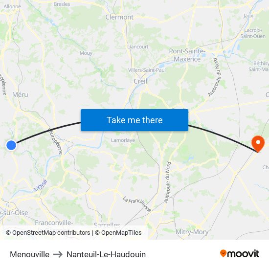 Menouville to Nanteuil-Le-Haudouin map