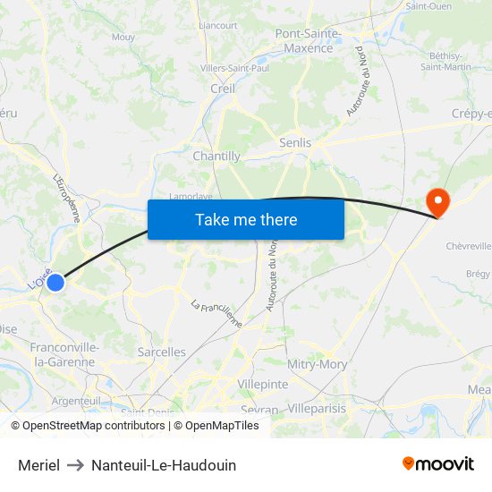 Meriel to Nanteuil-Le-Haudouin map