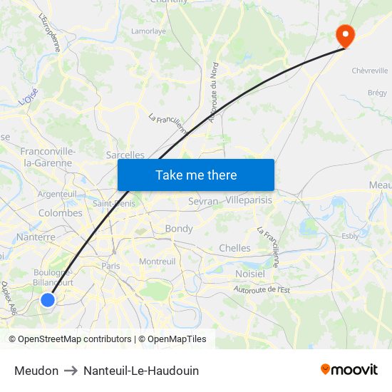 Meudon to Nanteuil-Le-Haudouin map