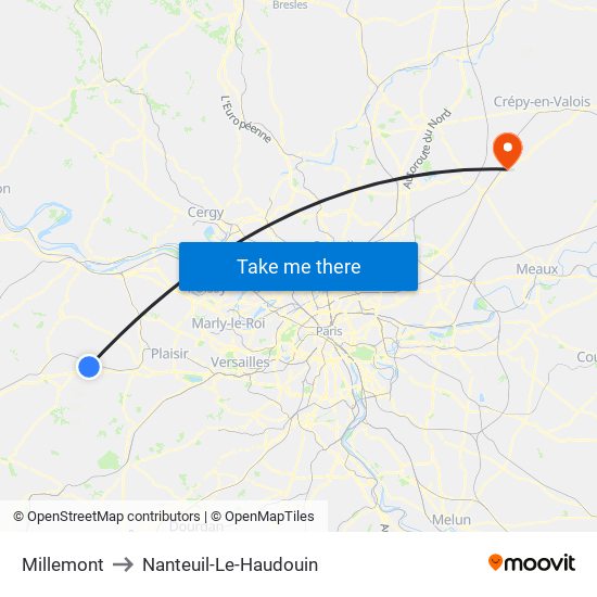 Millemont to Nanteuil-Le-Haudouin map