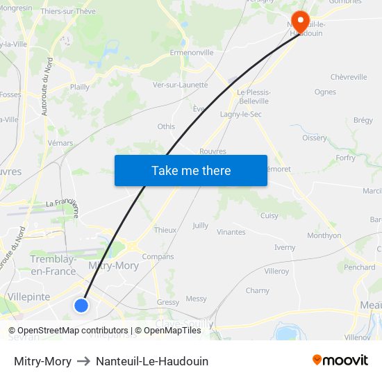 Mitry-Mory to Nanteuil-Le-Haudouin map