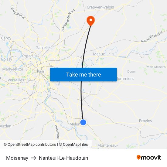 Moisenay to Nanteuil-Le-Haudouin map