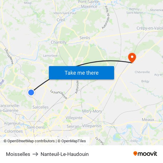 Moisselles to Nanteuil-Le-Haudouin map