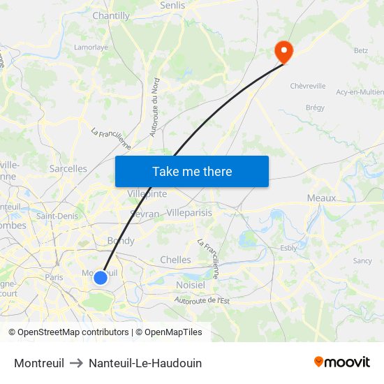 Montreuil to Nanteuil-Le-Haudouin map