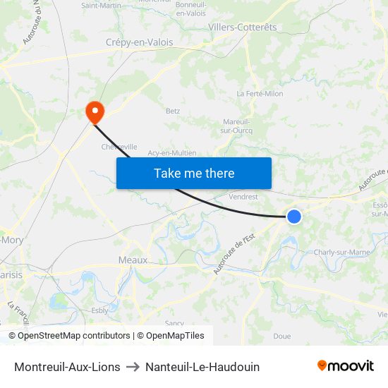 Montreuil-Aux-Lions to Nanteuil-Le-Haudouin map