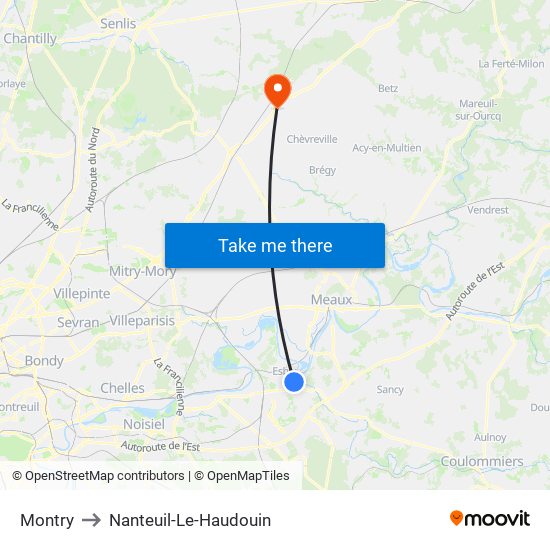 Montry to Nanteuil-Le-Haudouin map