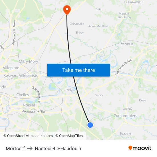 Mortcerf to Nanteuil-Le-Haudouin map