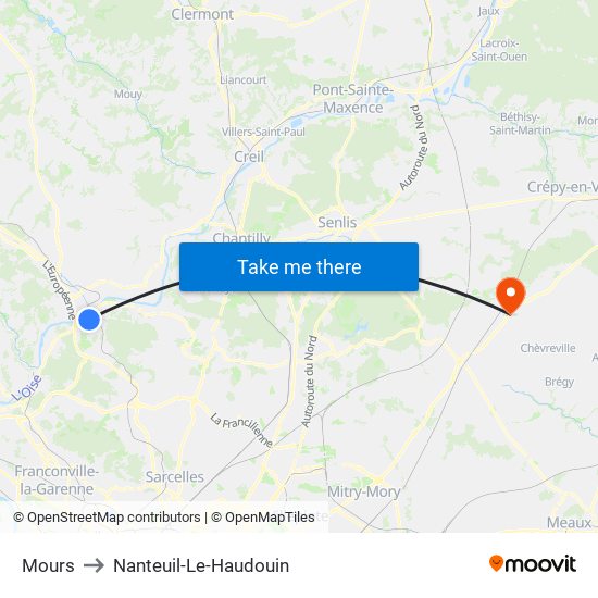 Mours to Nanteuil-Le-Haudouin map