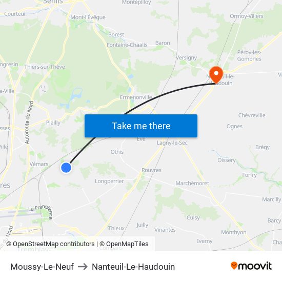 Moussy-Le-Neuf to Nanteuil-Le-Haudouin map