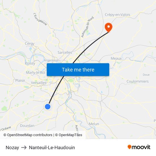 Nozay to Nanteuil-Le-Haudouin map