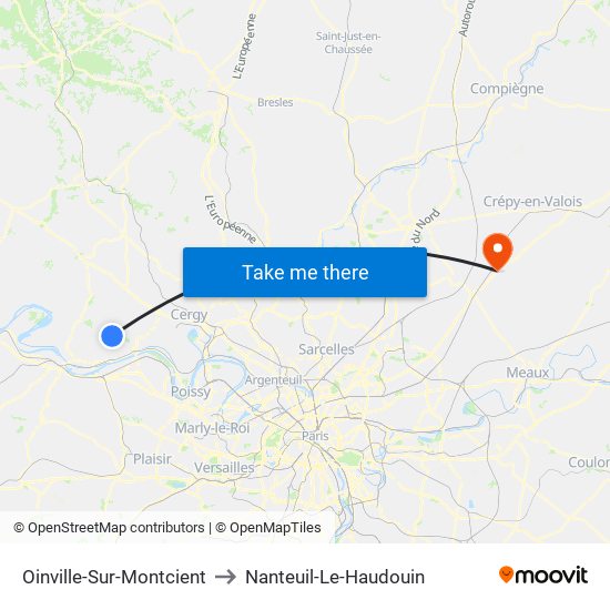 Oinville-Sur-Montcient to Nanteuil-Le-Haudouin map
