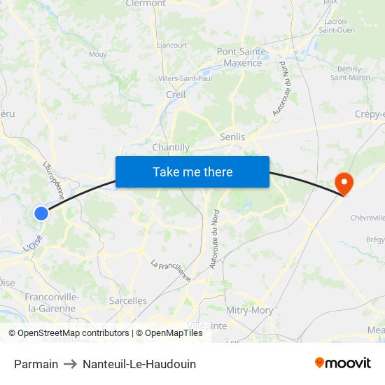 Parmain to Nanteuil-Le-Haudouin map
