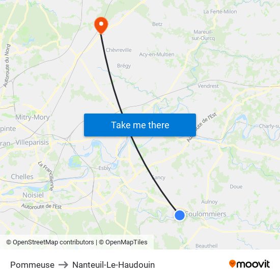 Pommeuse to Nanteuil-Le-Haudouin map