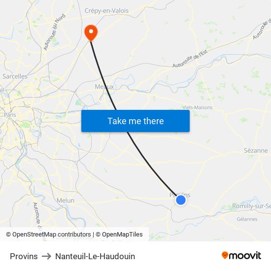 Provins to Nanteuil-Le-Haudouin map
