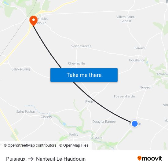 Puisieux to Nanteuil-Le-Haudouin map