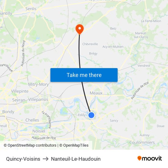 Quincy-Voisins to Nanteuil-Le-Haudouin map