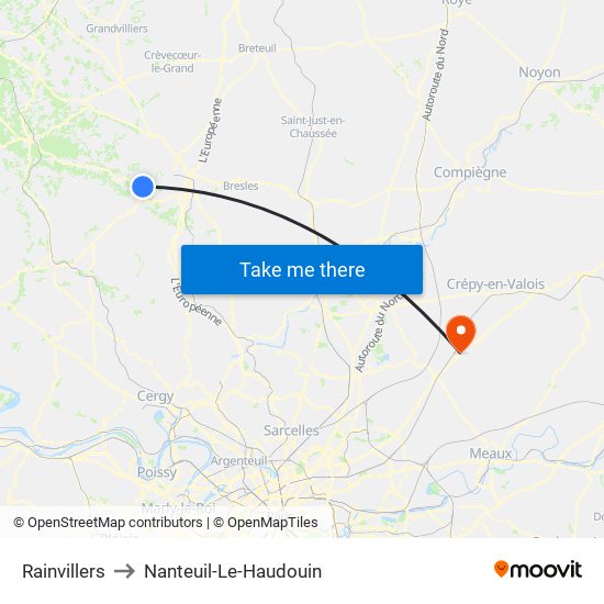 Rainvillers to Nanteuil-Le-Haudouin map