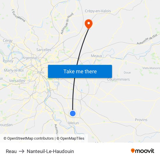 Reau to Nanteuil-Le-Haudouin map