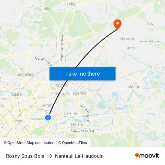 Rosny-Sous-Bois to Nanteuil-Le-Haudouin map