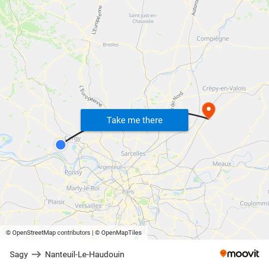 Sagy to Nanteuil-Le-Haudouin map