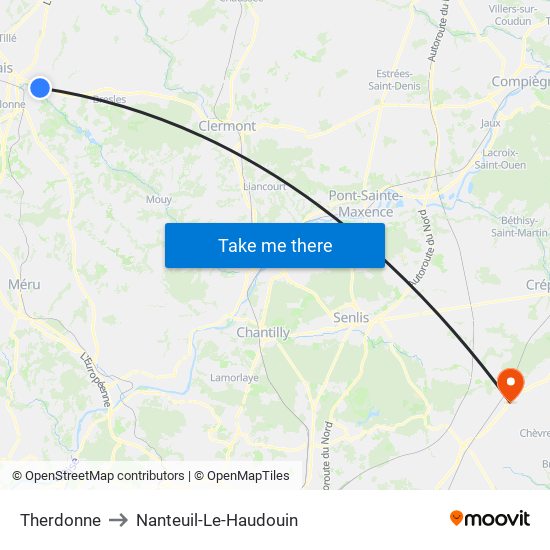 Therdonne to Nanteuil-Le-Haudouin map