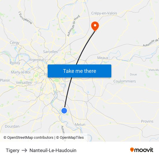 Tigery to Nanteuil-Le-Haudouin map