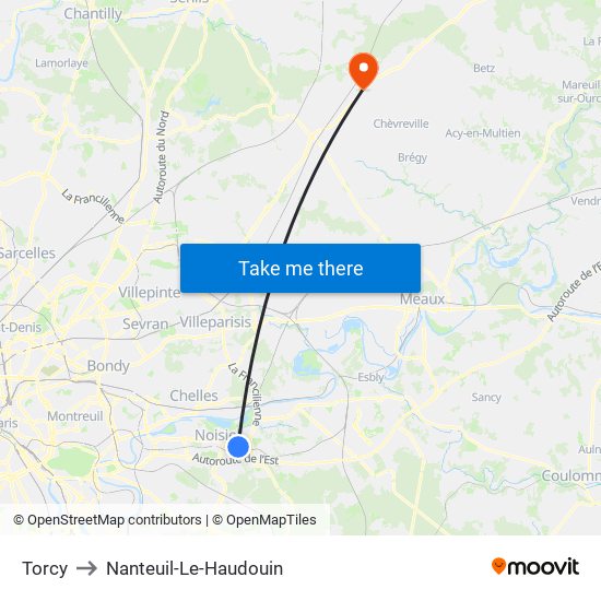 Torcy to Nanteuil-Le-Haudouin map