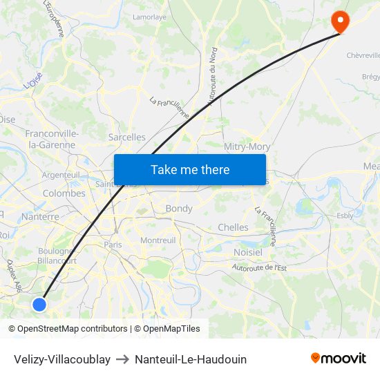 Velizy-Villacoublay to Nanteuil-Le-Haudouin map