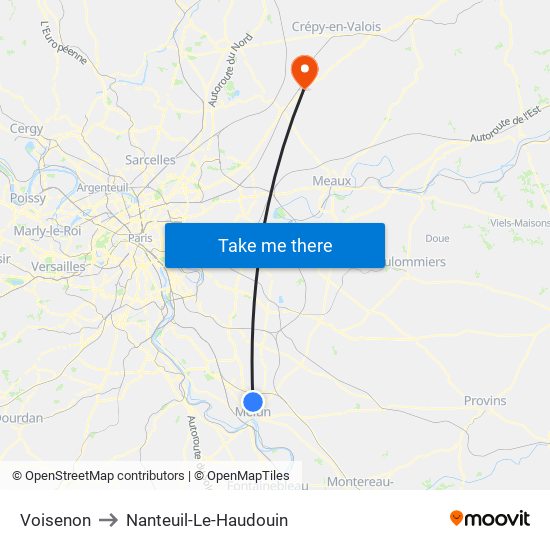 Voisenon to Nanteuil-Le-Haudouin map