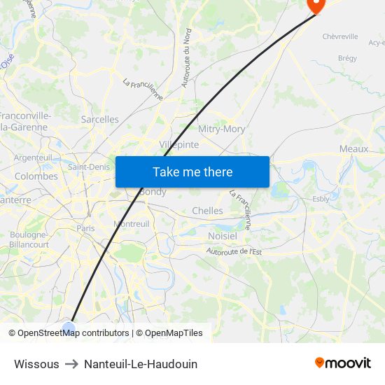 Wissous to Nanteuil-Le-Haudouin map