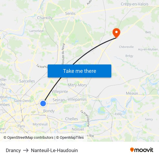 Drancy to Nanteuil-Le-Haudouin map