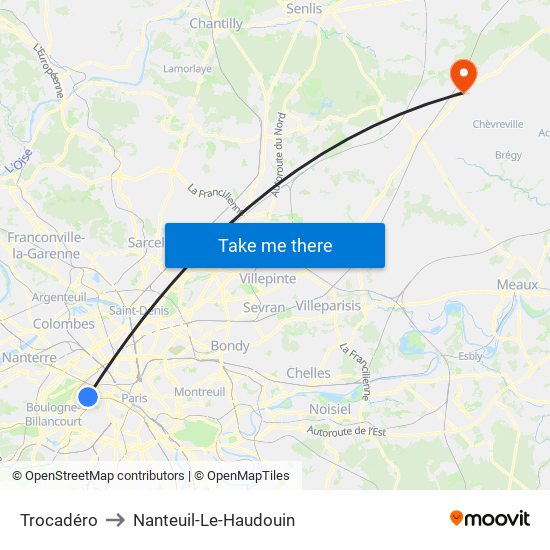 Trocadéro to Nanteuil-Le-Haudouin map