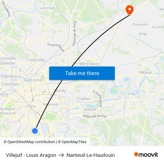 Villejuif - Louis Aragon to Nanteuil-Le-Haudouin map
