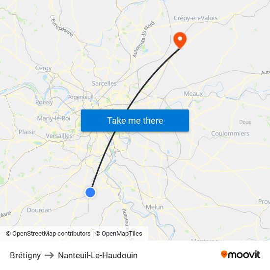 Brétigny to Nanteuil-Le-Haudouin map