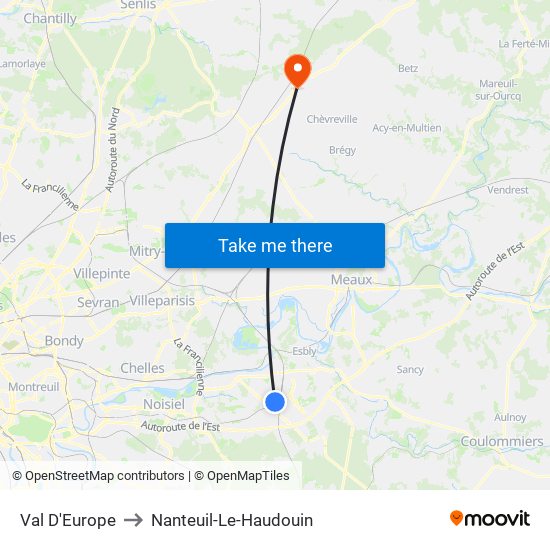 Val D'Europe to Nanteuil-Le-Haudouin map