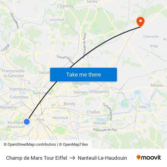 Champ de Mars Tour Eiffel to Nanteuil-Le-Haudouin map