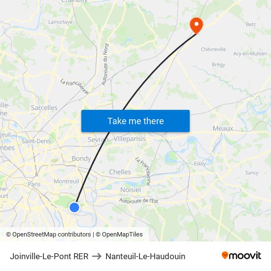 Joinville-Le-Pont RER to Nanteuil-Le-Haudouin map