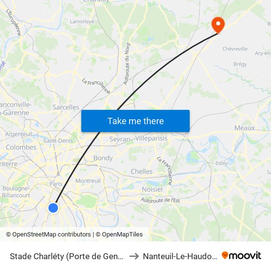 Stade Charléty (Porte de Gentilly) to Nanteuil-Le-Haudouin map