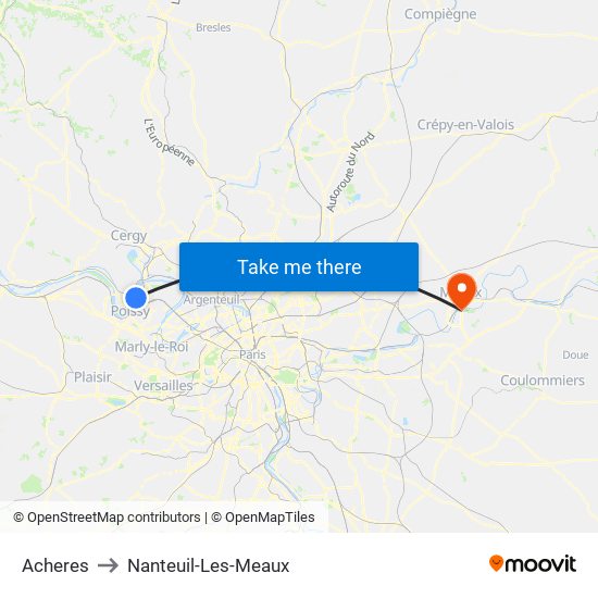 Acheres to Nanteuil-Les-Meaux map
