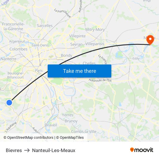 Bievres to Nanteuil-Les-Meaux map