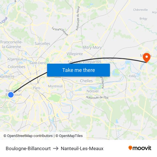 Boulogne-Billancourt to Nanteuil-Les-Meaux map