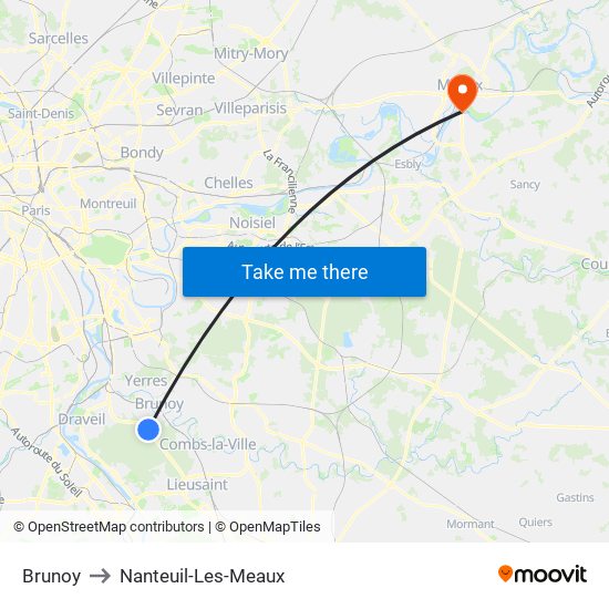 Brunoy to Nanteuil-Les-Meaux map