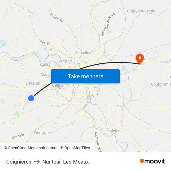 Coignieres to Nanteuil-Les-Meaux map